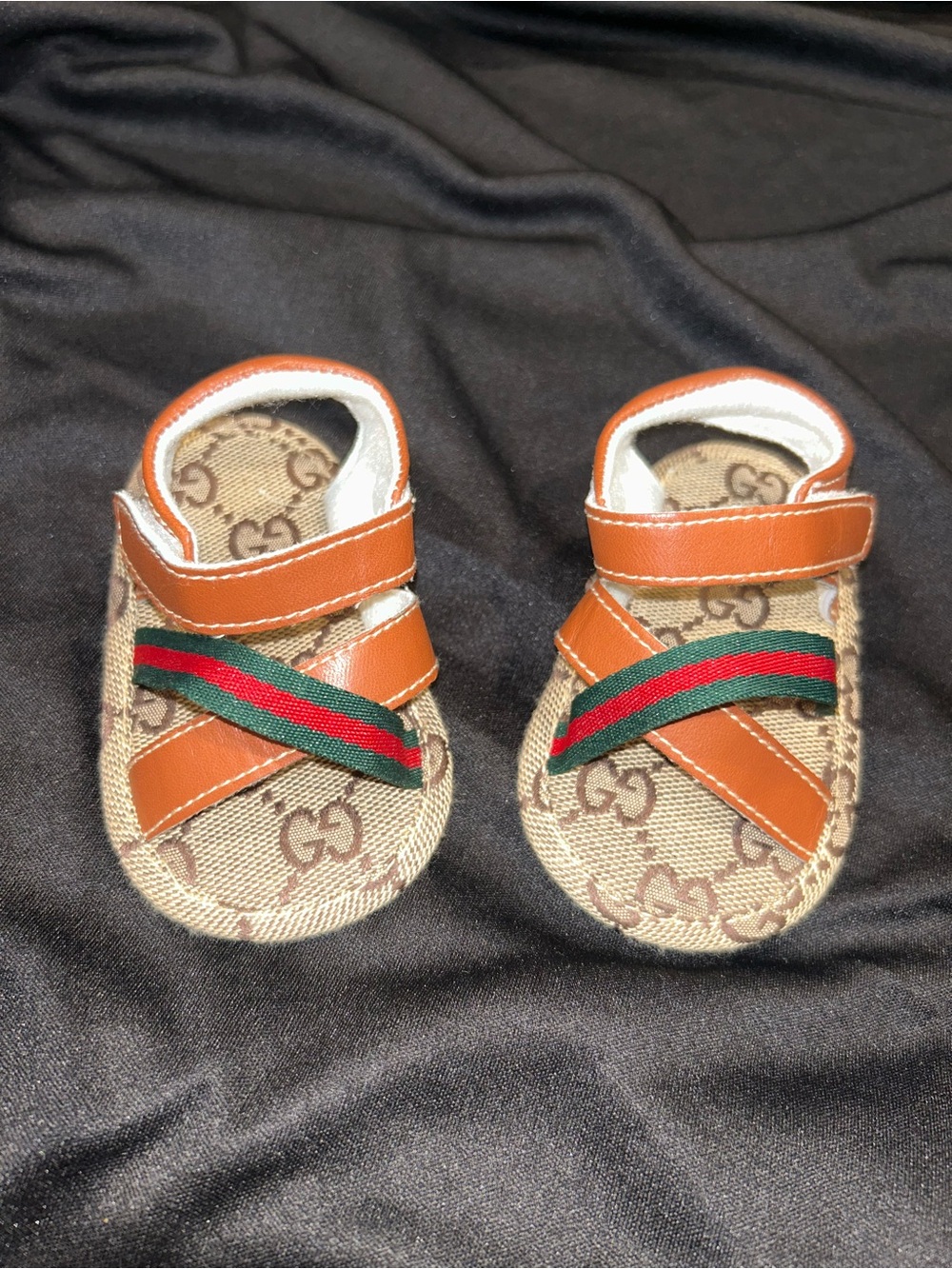 Designer Baby Sandals - Brown/Tan with Green-Red Stripe